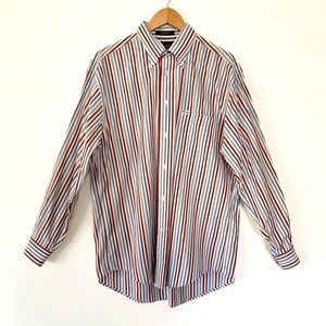 white poplin maroon blue taupe brown striped long sleeve shirt by Faconnable